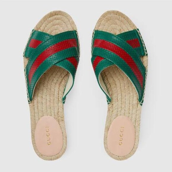 GUCCI Calfskin Perforated Web Espadrille Sandals Red Green New in Box w shoe bag - Picture 1 of 5